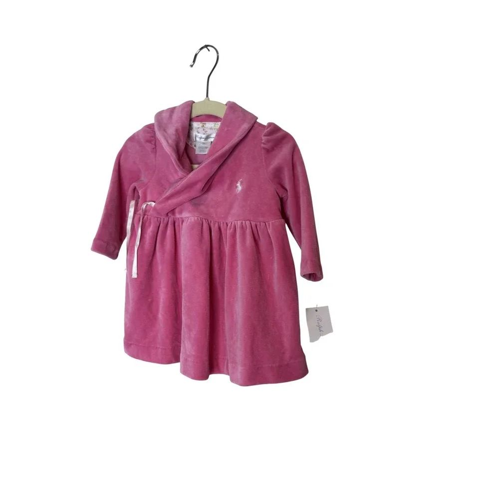 Ralph‎ Lauren Dress Baby Girls 3-6 Months Pink Velour Wrap Long Sleeve Pony